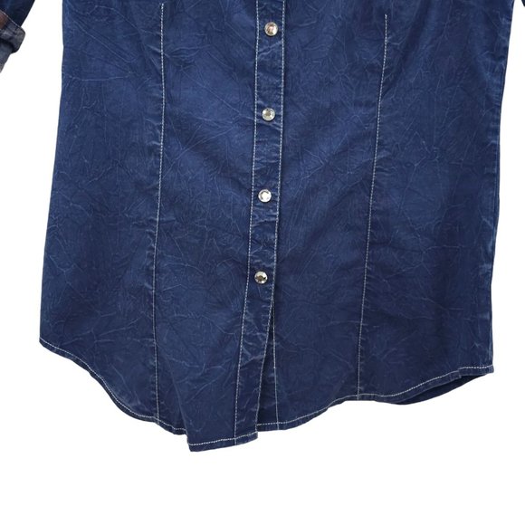 Affliction Snap Front Shirt Womens S Roll Tab 3/4 Sleeve Blue Cross Rhinestones - Picture 11 of 16